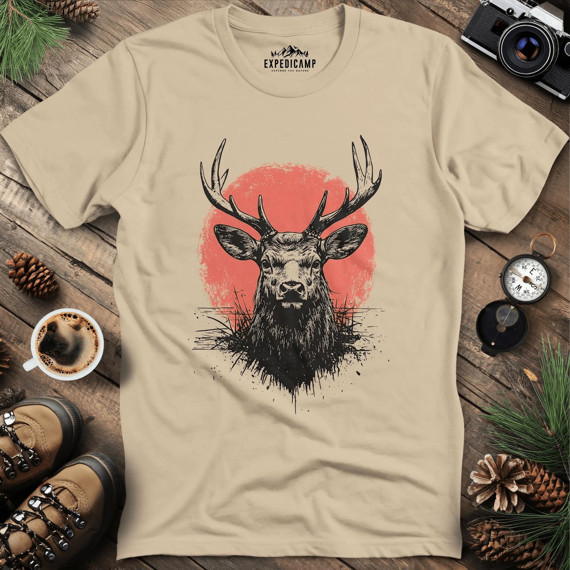Majestic Deer with Red Circle T-Shirt – Sand – Outdoor apparel for travel, hiking, camping, and nature lovers – ExpediCamp