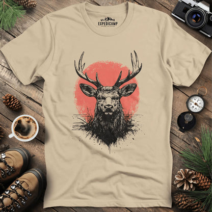 Majestic Deer with Red Circle T-Shirt – Sand – Outdoor apparel for travel, hiking, camping, and nature lovers – ExpediCamp