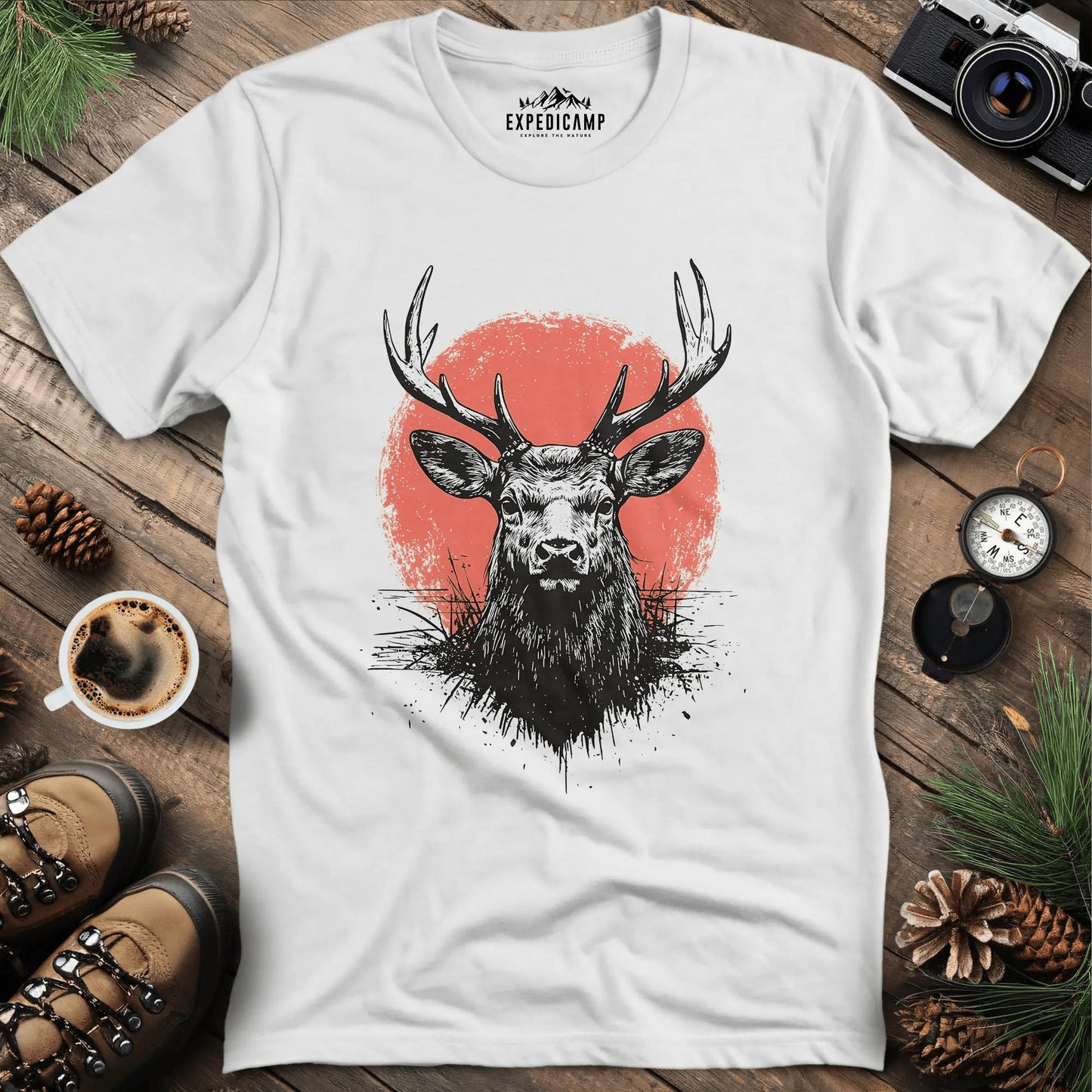 Majestic Deer with Red Circle T-Shirt – White – Outdoor apparel for travel, hiking, camping, and nature lovers – ExpediCamp
