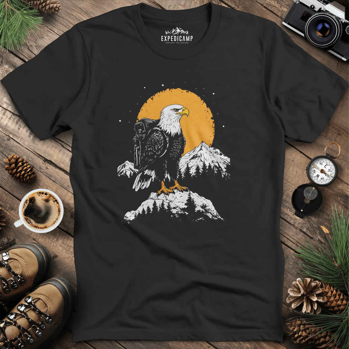 Majestic Eagle T-Shirt – Fierce Bald Eagle Mountain Explorer Design – Black – Outdoor apparel for travel, hiking, camping, and nature lovers – ExpediCamp