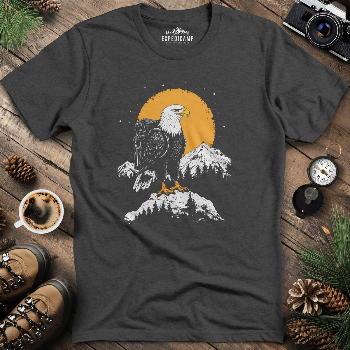 Majestic Eagle T-Shirt – Fierce Bald Eagle Mountain Explorer Design – Dark Heather – Outdoor apparel for travel, hiking, camping, and nature lovers – ExpediCamp