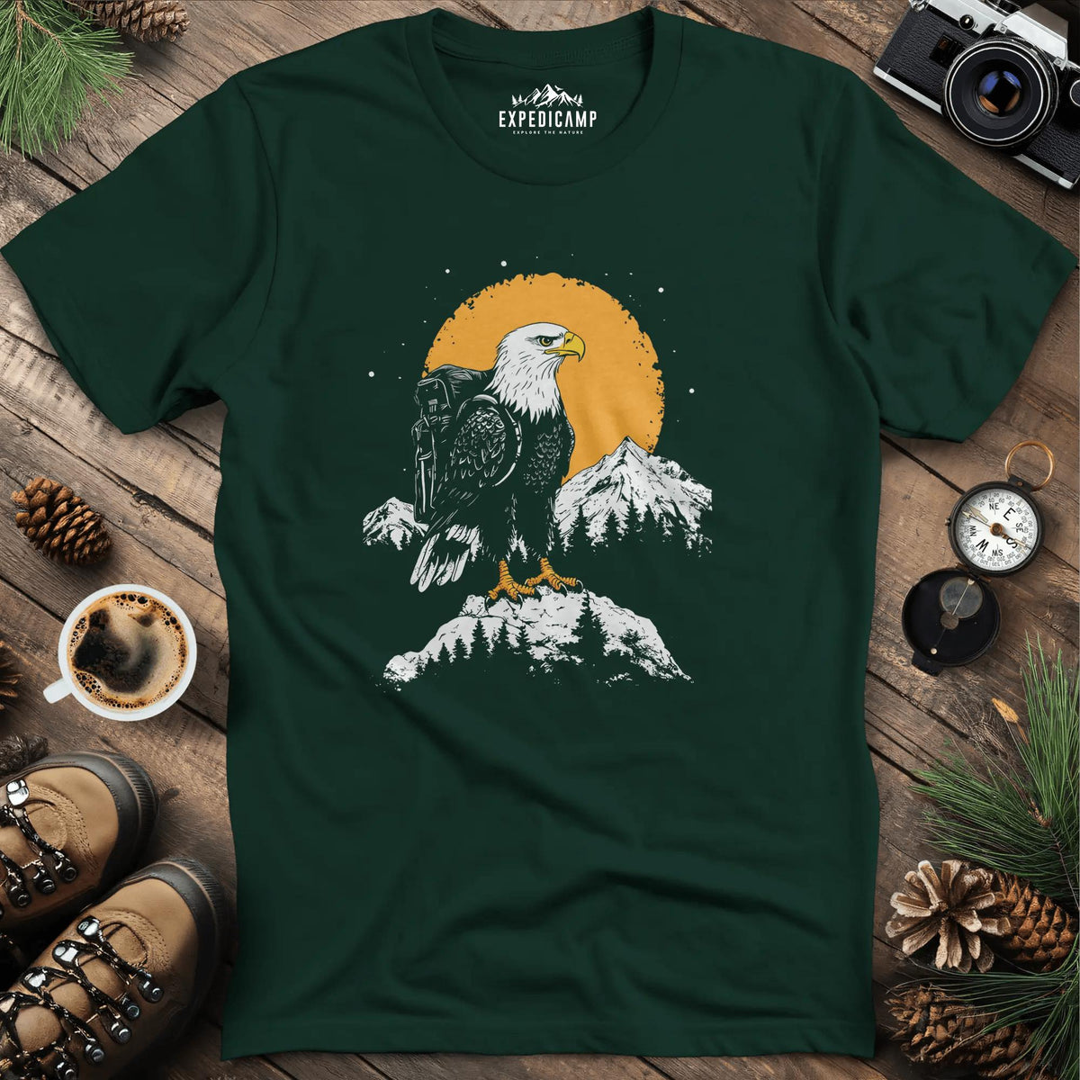 Majestic Eagle T-Shirt – Fierce Bald Eagle Mountain Explorer Design – Forest Green – Outdoor apparel for travel, hiking, camping, and nature lovers – ExpediCamp