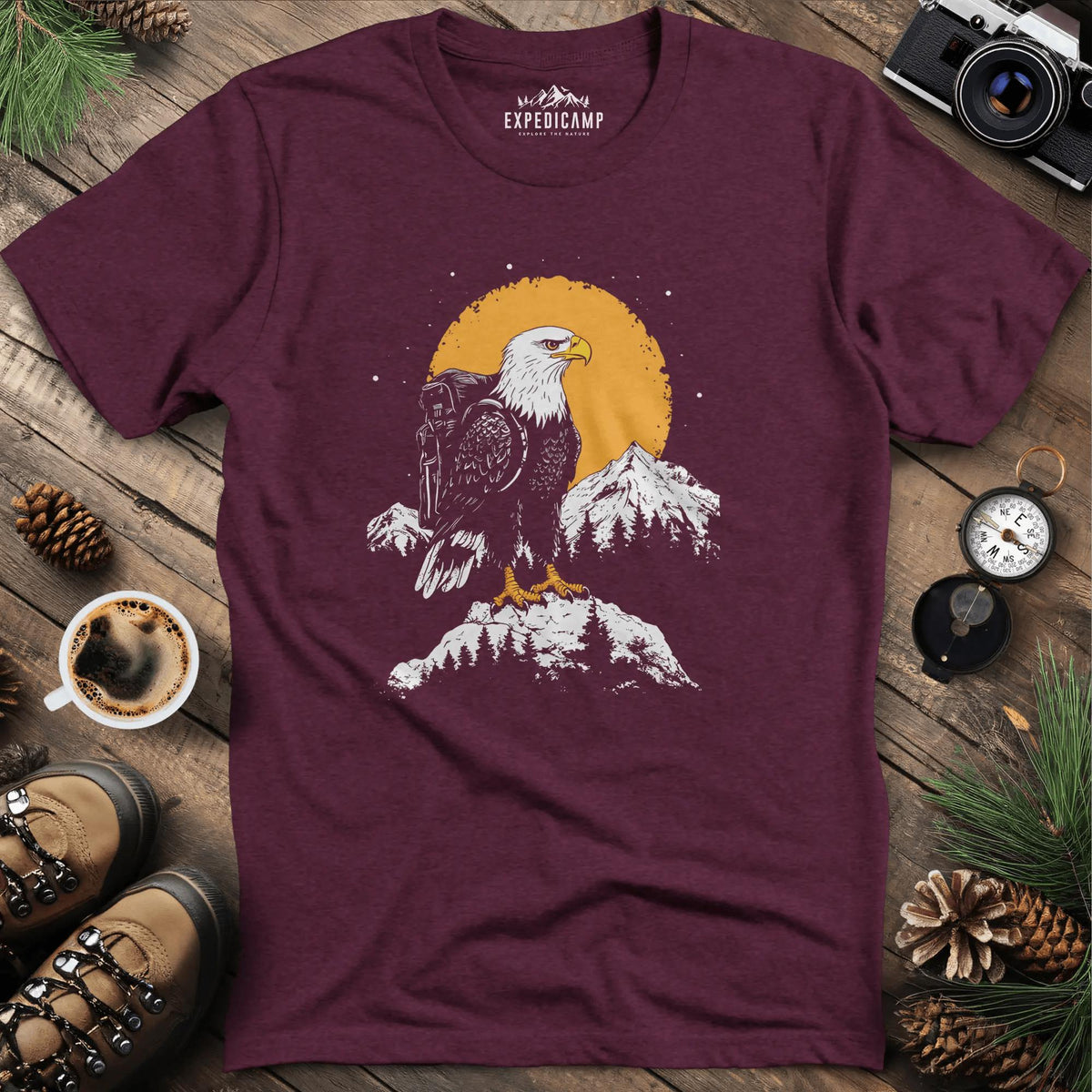 Majestic Eagle T-Shirt – Fierce Bald Eagle Mountain Explorer Design – Heather Maroon – Outdoor apparel for travel, hiking, camping, and nature lovers – ExpediCamp