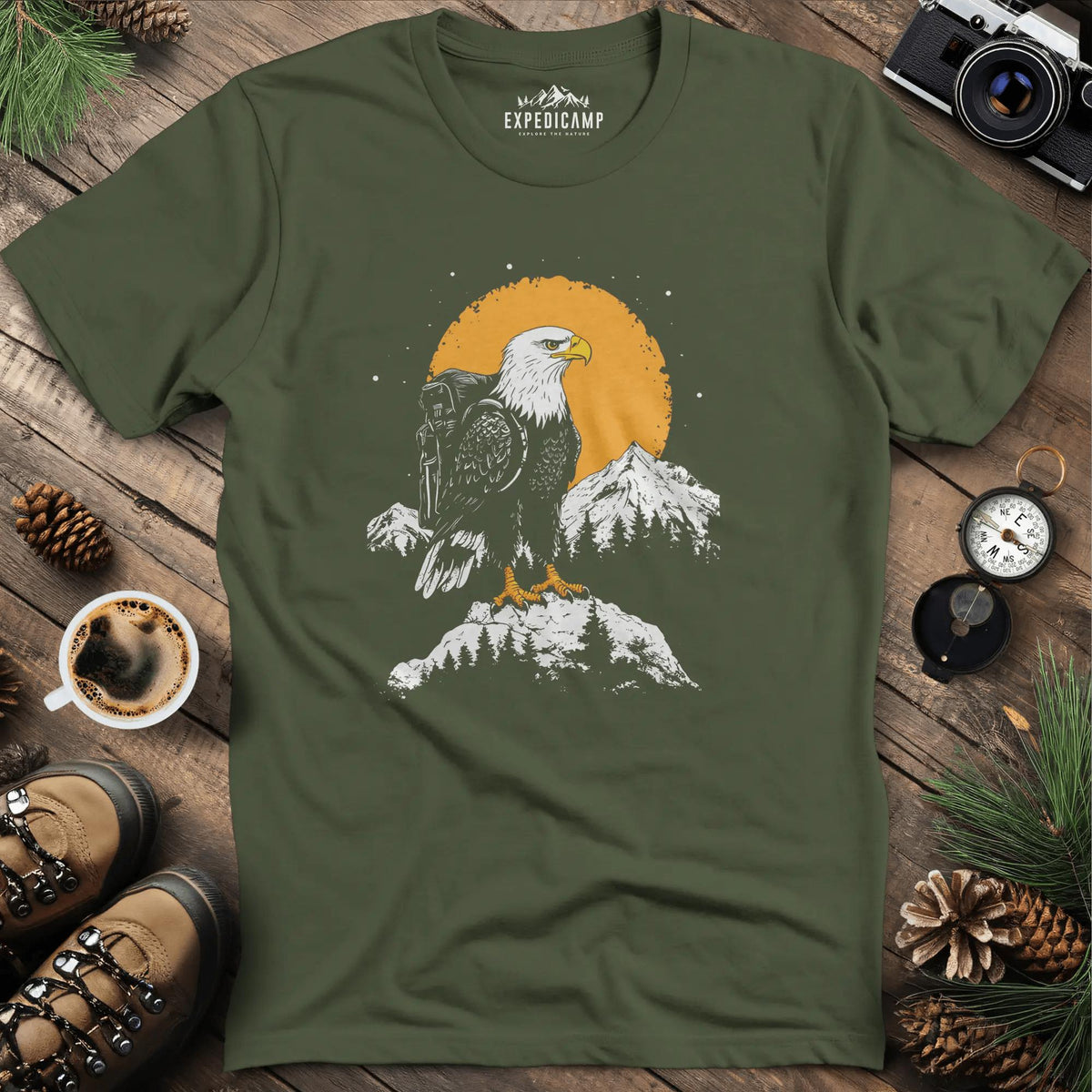 Majestic Eagle T-Shirt – Fierce Bald Eagle Mountain Explorer Design – Military Green – Outdoor apparel for travel, hiking, camping, and nature lovers – ExpediCamp