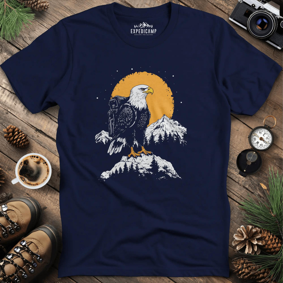 Majestic Eagle T-Shirt – Fierce Bald Eagle Mountain Explorer Design – Navy – Outdoor apparel for travel, hiking, camping, and nature lovers – ExpediCamp