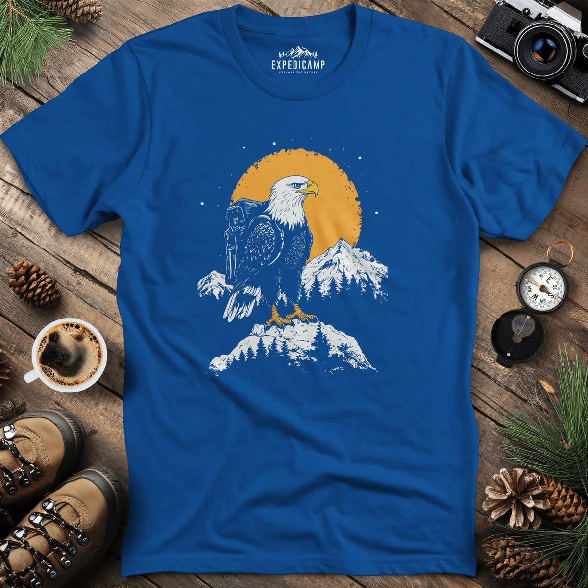 Majestic Eagle T-Shirt – Fierce Bald Eagle Mountain Explorer Design – Royal – Outdoor apparel for travel, hiking, camping, and nature lovers – ExpediCamp