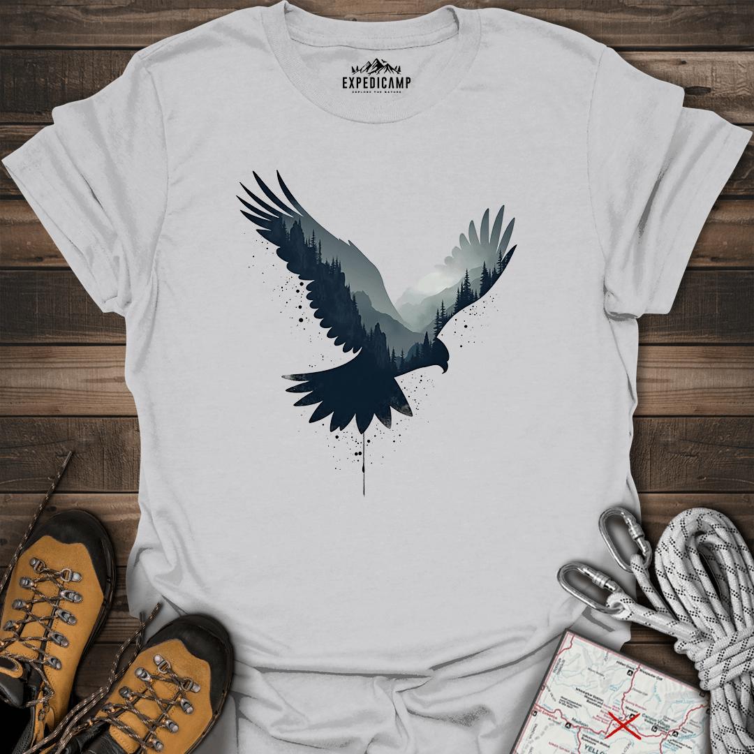 Majestic Falcon Forest Silhouette T-Shirt – Ice Grey – Outdoor apparel for travel, hiking, camping, and nature lovers – ExpediCamp