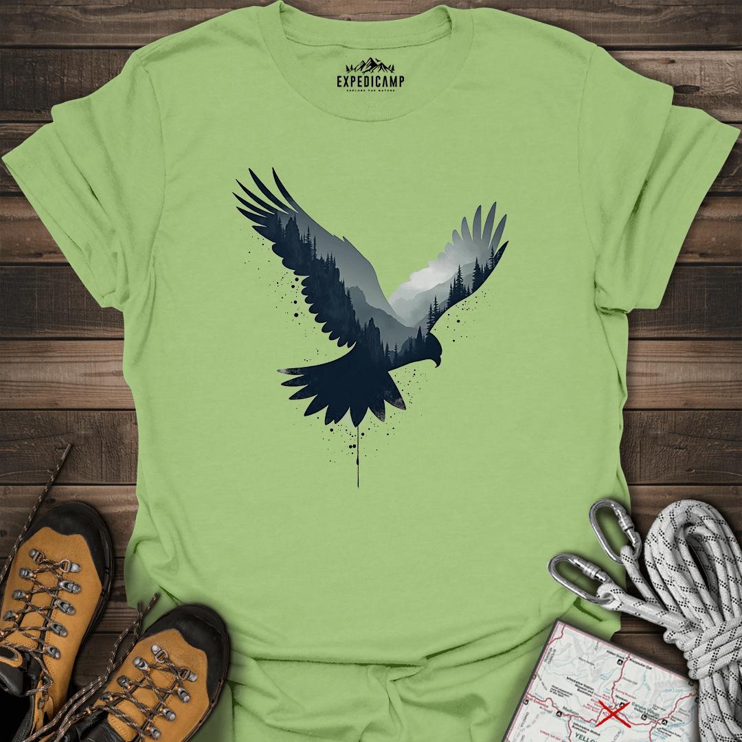 Majestic Falcon Forest Silhouette T-Shirt – Kiwi – Outdoor apparel for travel, hiking, camping, and nature lovers – ExpediCamp