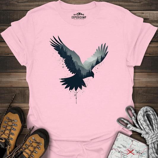 Majestic Falcon Forest Silhouette T-Shirt – Light Pink – Outdoor apparel for travel, hiking, camping, and nature lovers – ExpediCamp