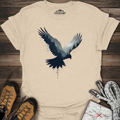 Majestic Falcon Forest Silhouette T-Shirt – Sand – Outdoor apparel for travel, hiking, camping, and nature lovers – ExpediCamp
