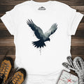 Majestic Falcon Forest Silhouette T-Shirt – White – Outdoor apparel for travel, hiking, camping, and nature lovers – ExpediCamp