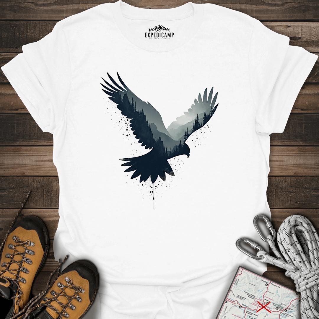 Majestic Falcon Forest Silhouette T-Shirt – White – Outdoor apparel for travel, hiking, camping, and nature lovers – ExpediCamp