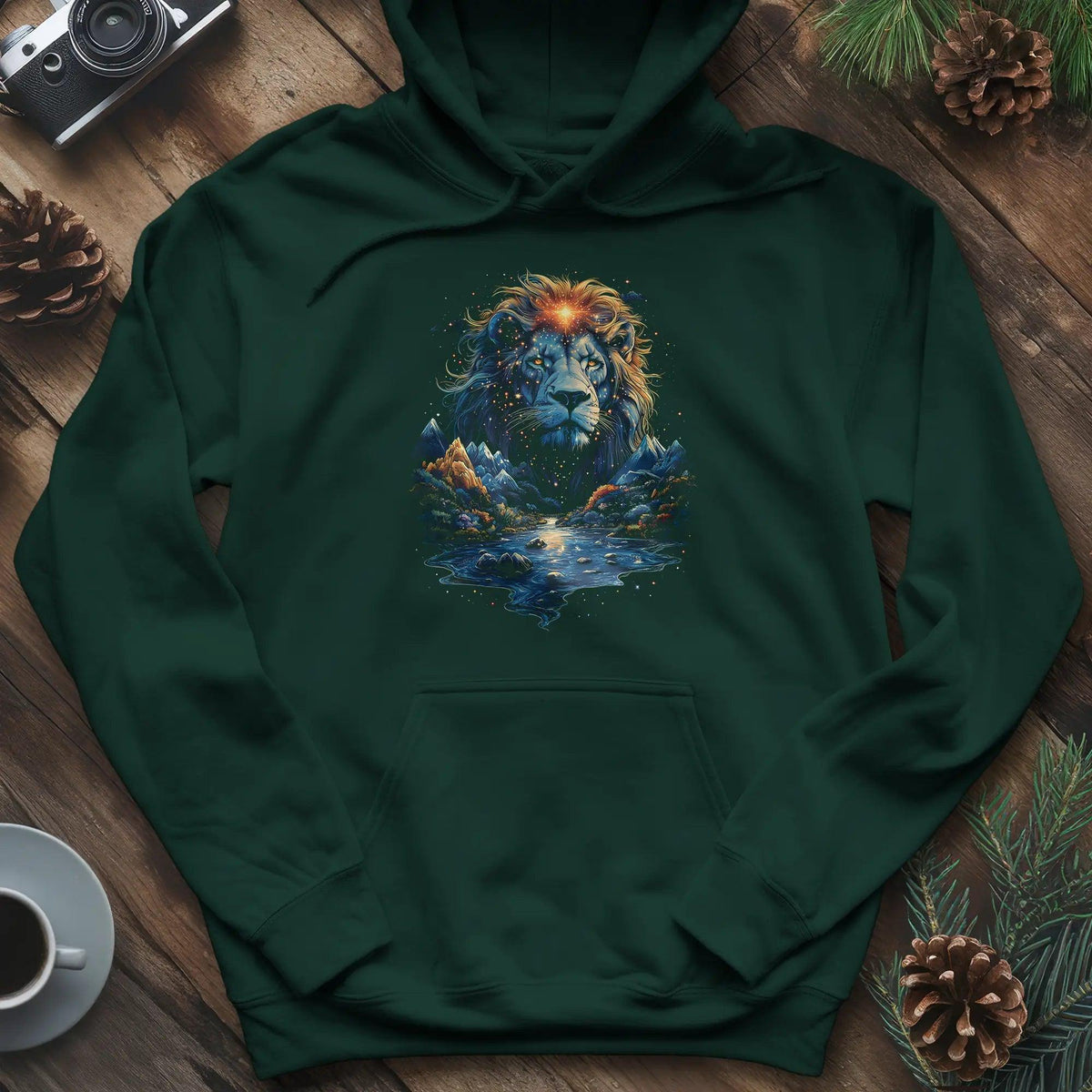 Majestic Lion Landscape Hoodie – Forest Green – Outdoor apparel for travel, hiking, camping, and nature lovers – ExpediCamp
