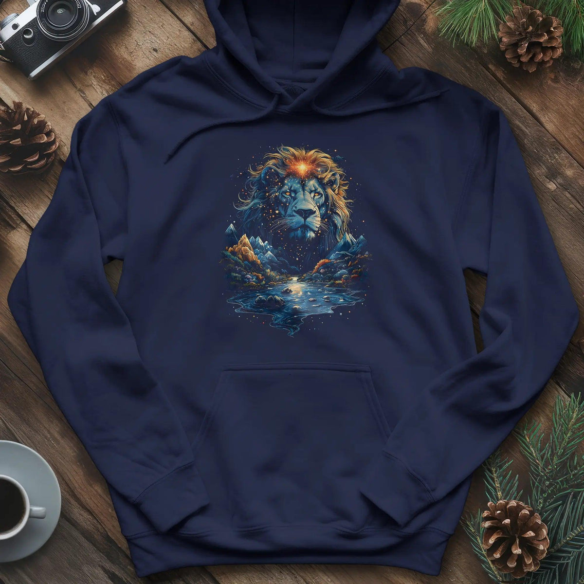 Majestic Lion Landscape Hoodie – Navy – Outdoor apparel for travel, hiking, camping, and nature lovers – ExpediCamp