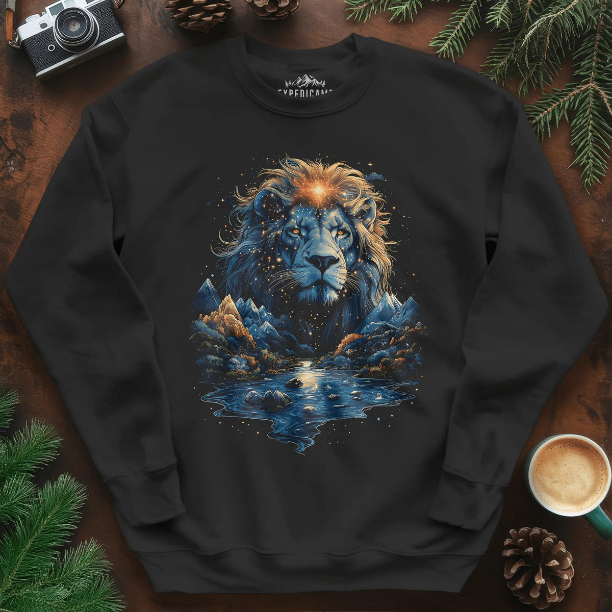 Majestic Lion Landscape Sweatshirt – Black – Outdoor apparel for travel, hiking, camping, and nature lovers – ExpediCamp