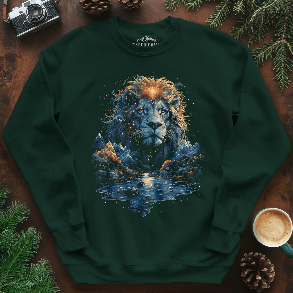 Majestic Lion Landscape Sweatshirt – Forest Green – Outdoor apparel for travel, hiking, camping, and nature lovers – ExpediCamp