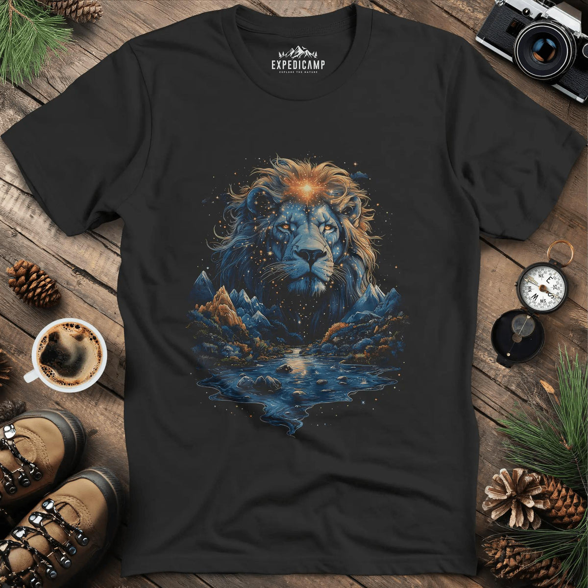 Majestic Lion Landscape T-Shirt – Black – Outdoor apparel for travel, hiking, camping, and nature lovers – ExpediCamp