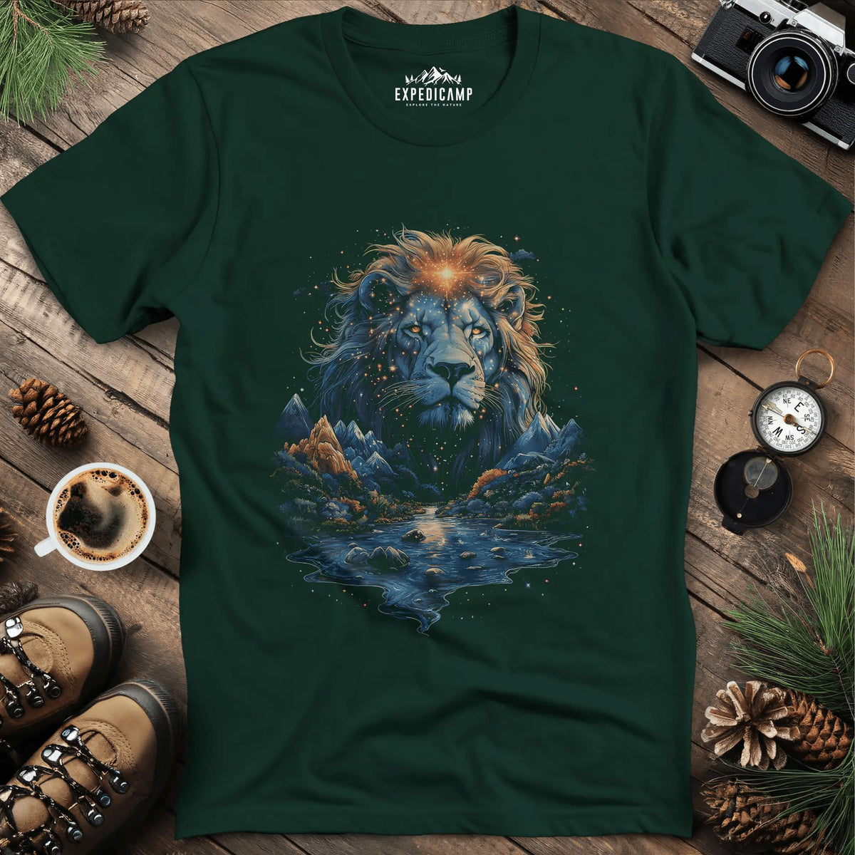 Majestic Lion Landscape T-Shirt – Forest Green – Outdoor apparel for travel, hiking, camping, and nature lovers – ExpediCamp