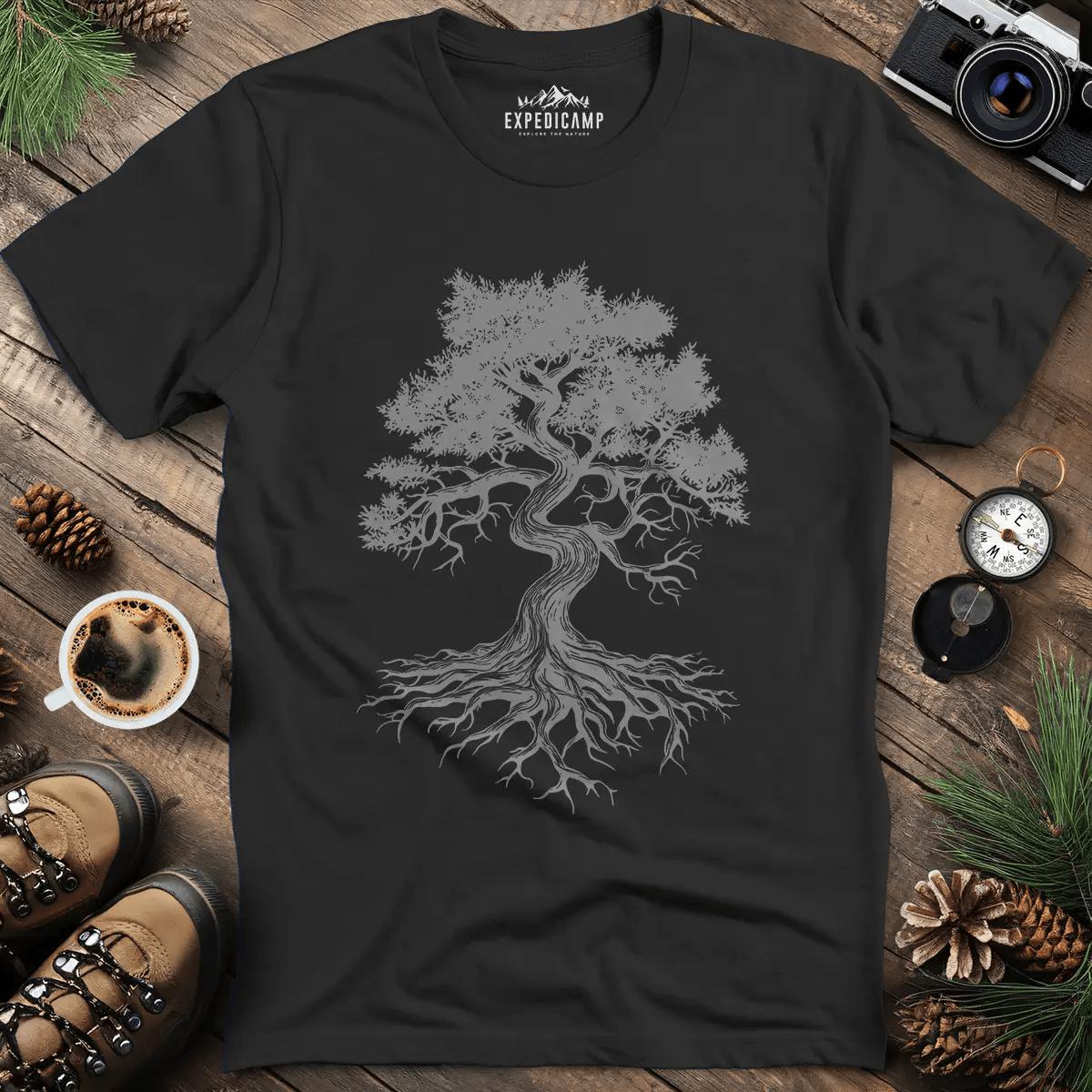 Majestic Oak Tree T-Shirt – Black – Outdoor apparel for travel, hiking, camping, and nature lovers – ExpediCamp