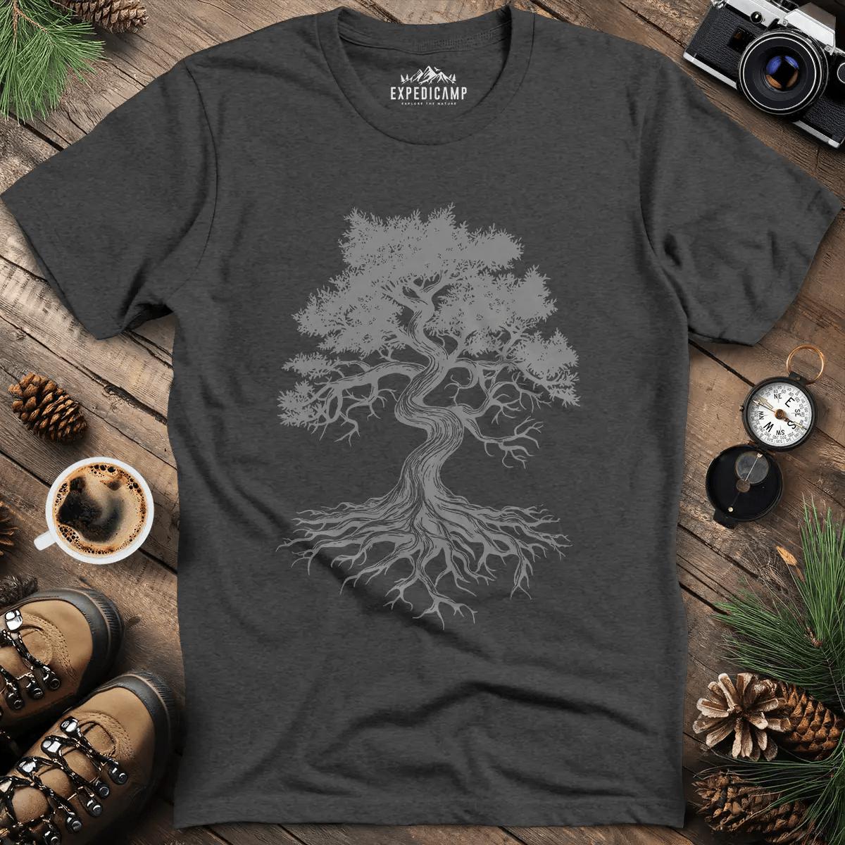 Majestic Oak Tree T-Shirt – Dark Heather – Outdoor apparel for travel, hiking, camping, and nature lovers – ExpediCamp