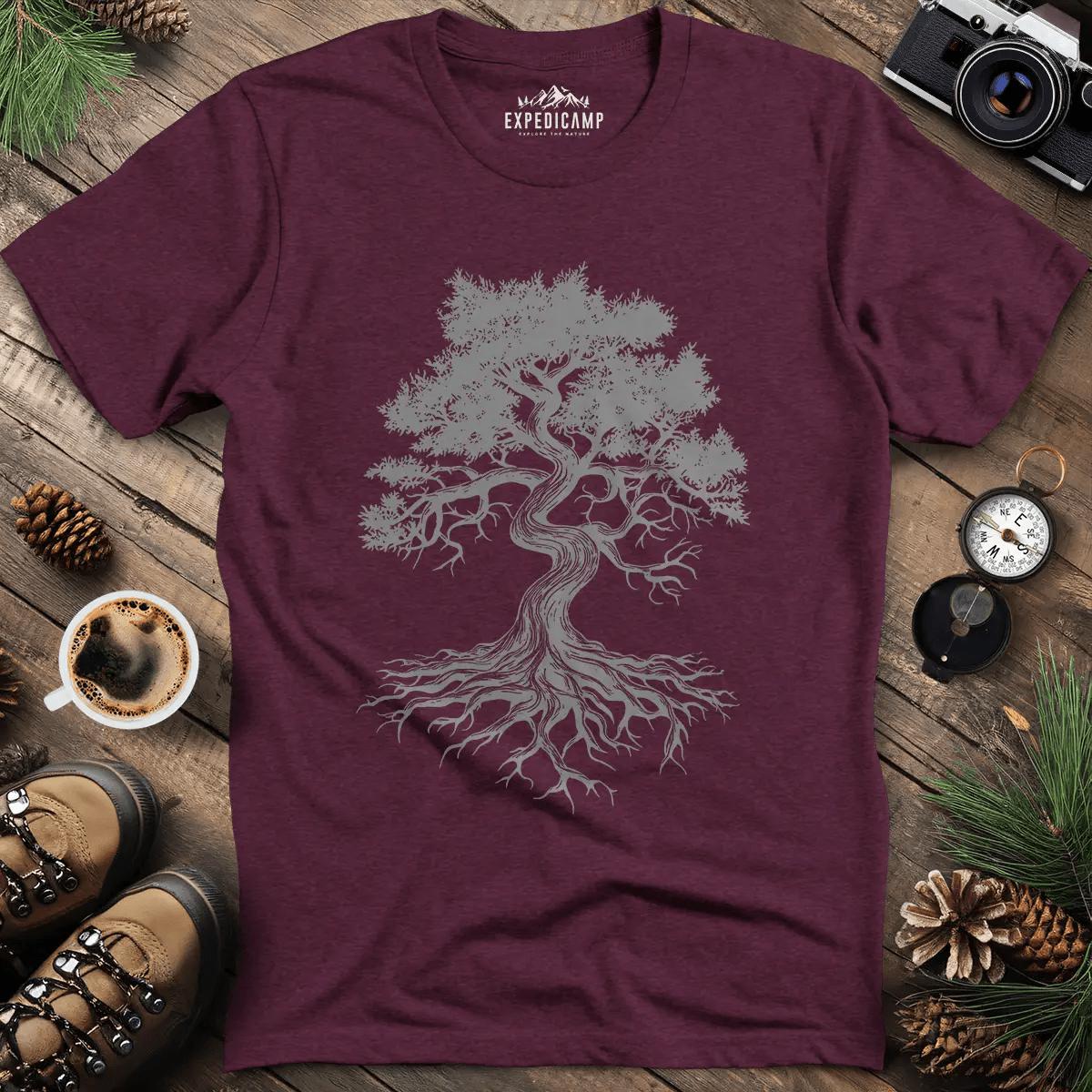 Majestic Oak Tree T-Shirt – Heather Maroon – Outdoor apparel for travel, hiking, camping, and nature lovers – ExpediCamp