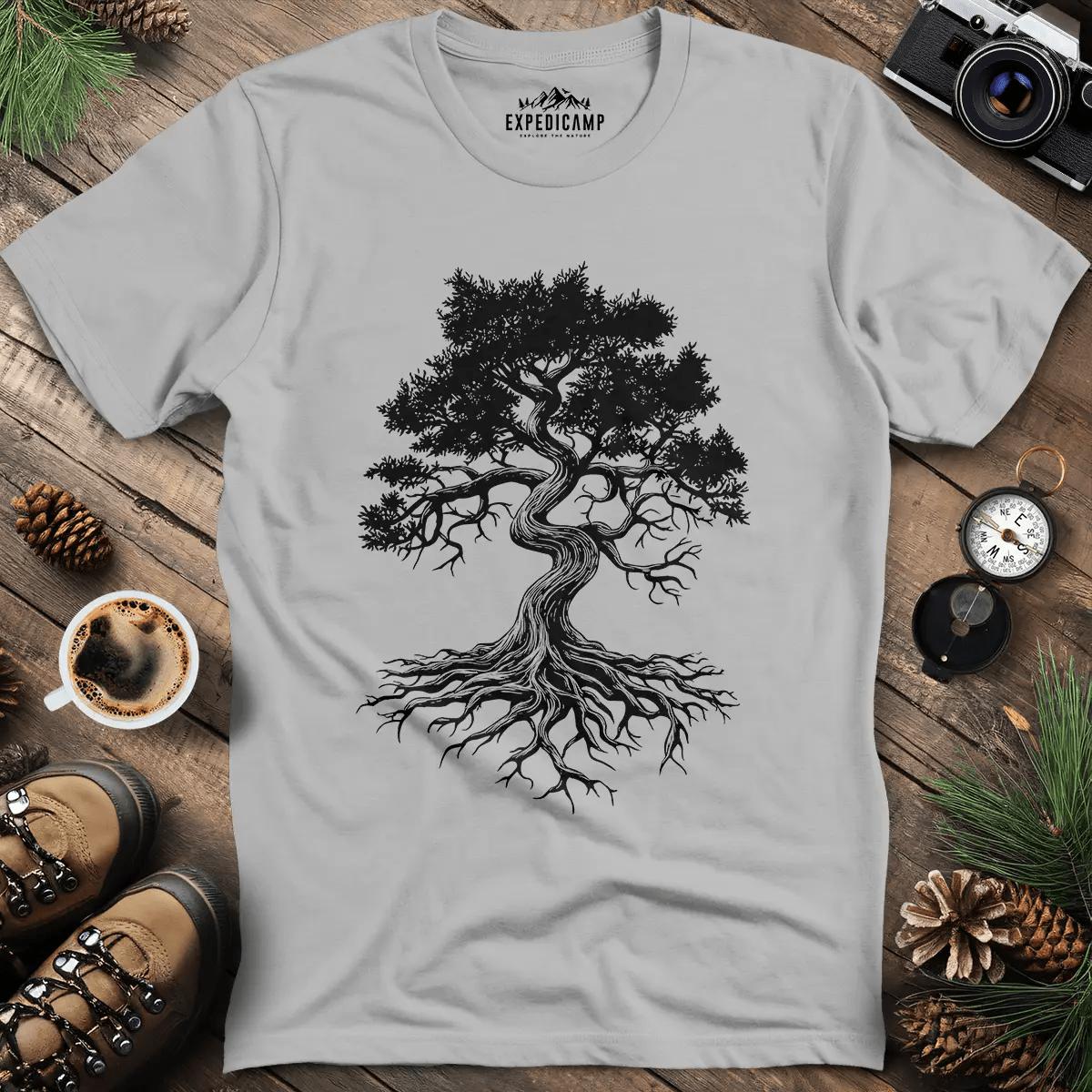 Majestic Oak Tree T-Shirt – Ice Grey – Outdoor apparel for travel, hiking, camping, and nature lovers – ExpediCamp