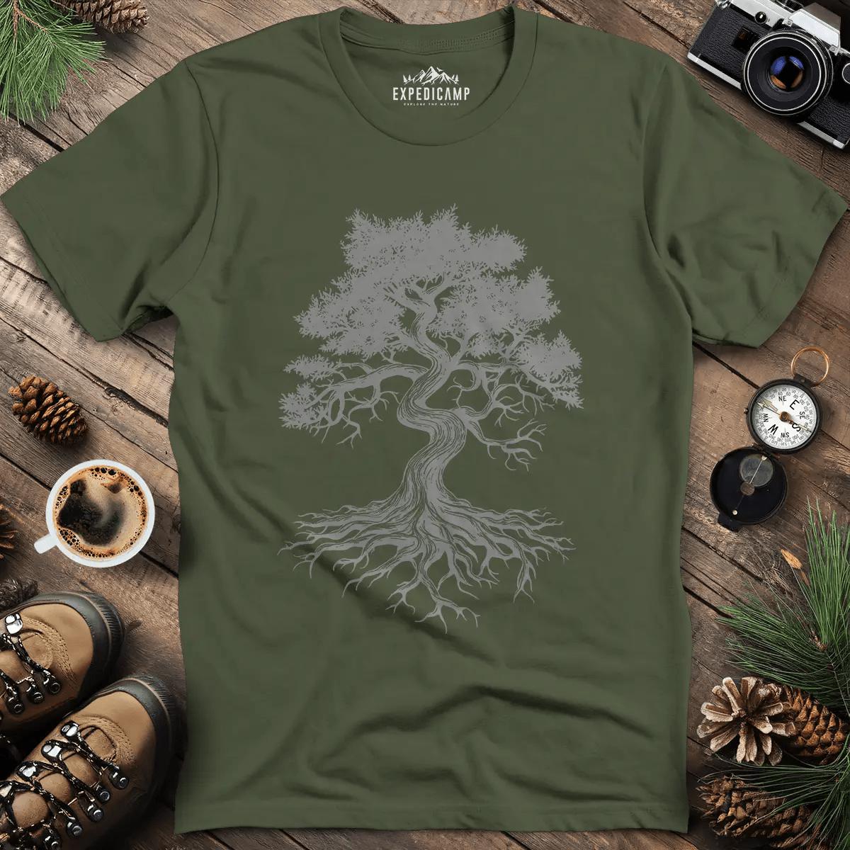 Majestic Oak Tree T-Shirt – Military Green – Outdoor apparel for travel, hiking, camping, and nature lovers – ExpediCamp