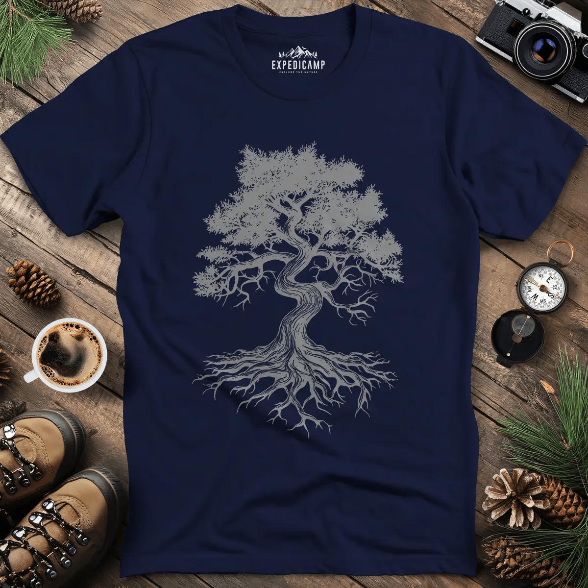 Majestic Oak Tree T-Shirt – Navy – Outdoor apparel for travel, hiking, camping, and nature lovers – ExpediCamp