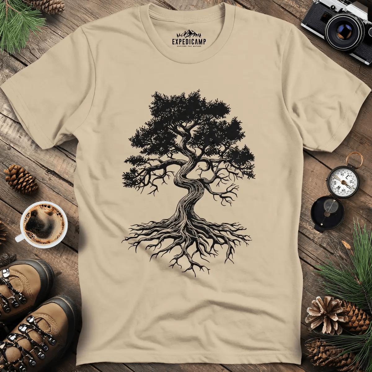 Majestic Oak Tree T-Shirt – Sand – Outdoor apparel for travel, hiking, camping, and nature lovers – ExpediCamp