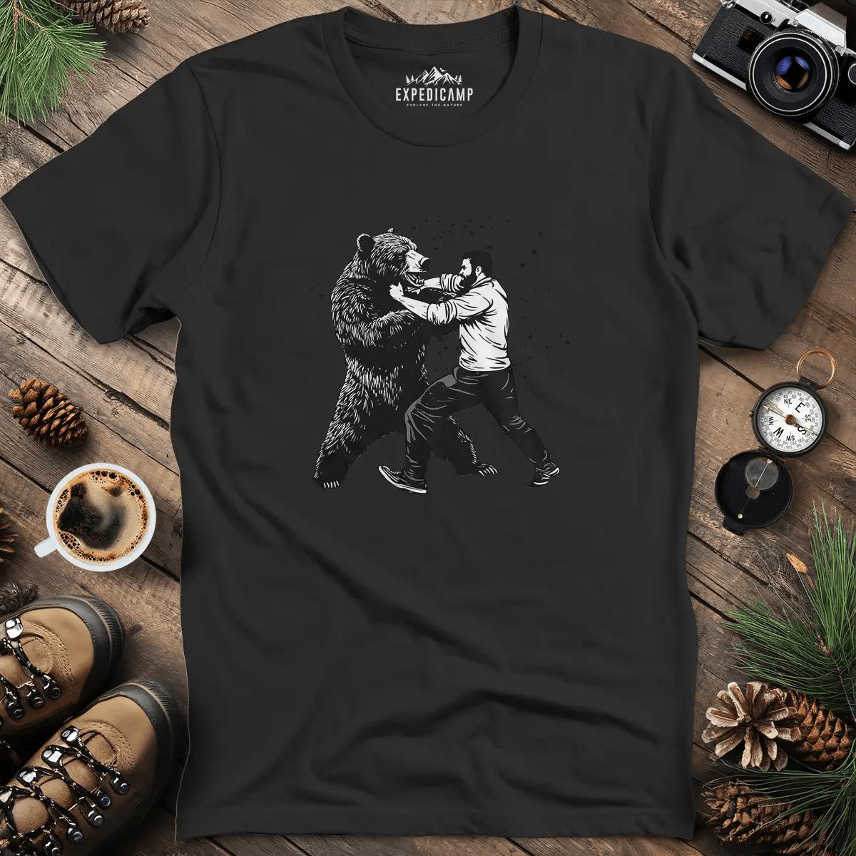 Man vs Bear T-Shirt – Black – Outdoor apparel for travel, hiking, camping, and nature lovers – ExpediCamp