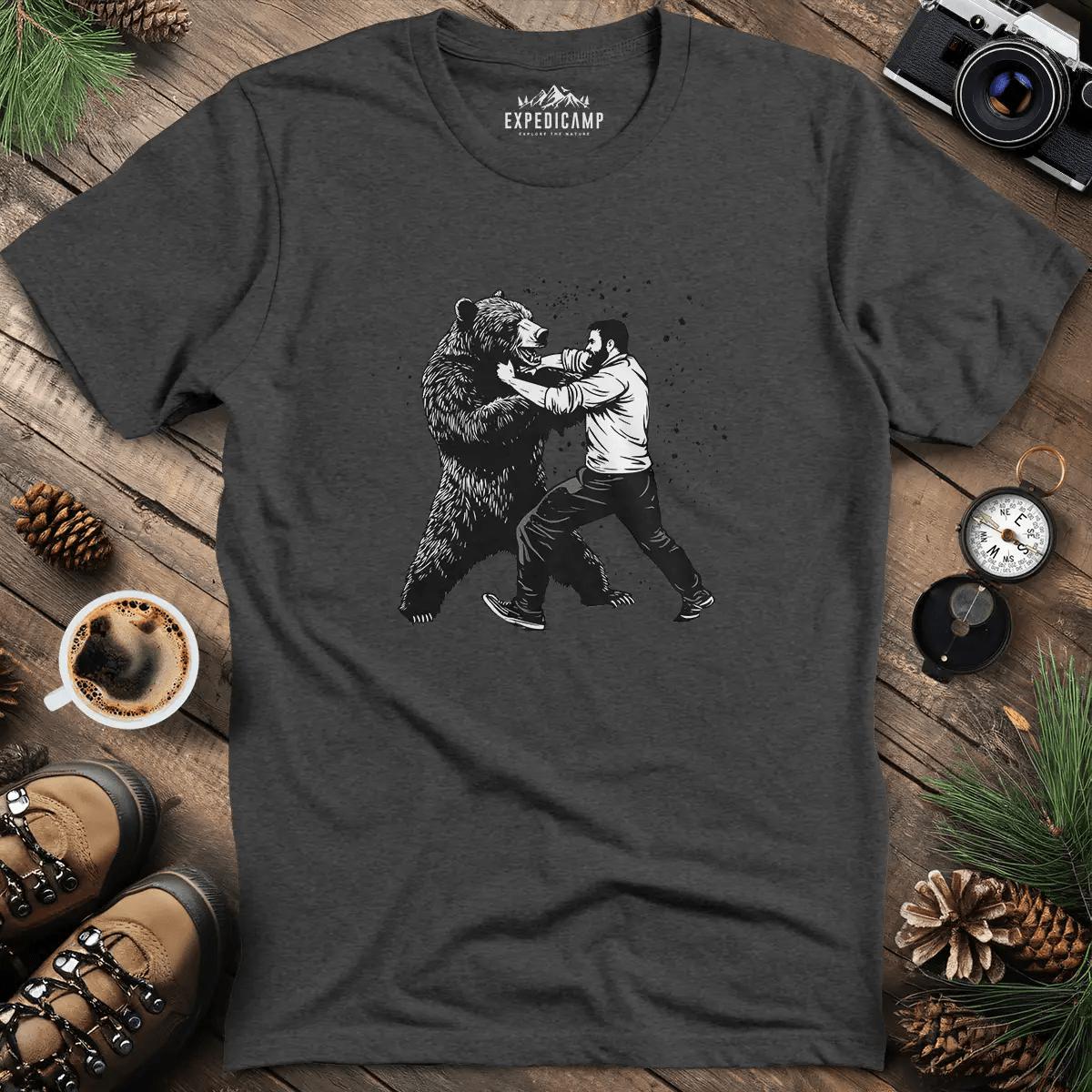 Man vs Bear T-Shirt – Dark Heather – Outdoor apparel for travel, hiking, camping, and nature lovers – ExpediCamp