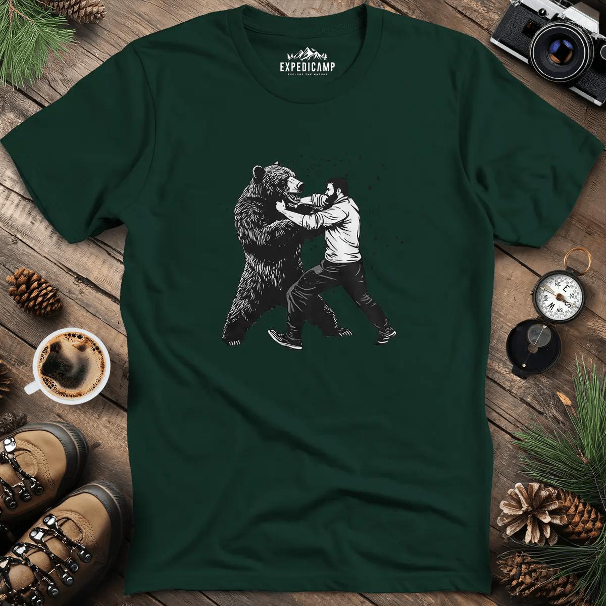 Man vs Bear T-Shirt – Forest Green – Outdoor apparel for travel, hiking, camping, and nature lovers – ExpediCamp