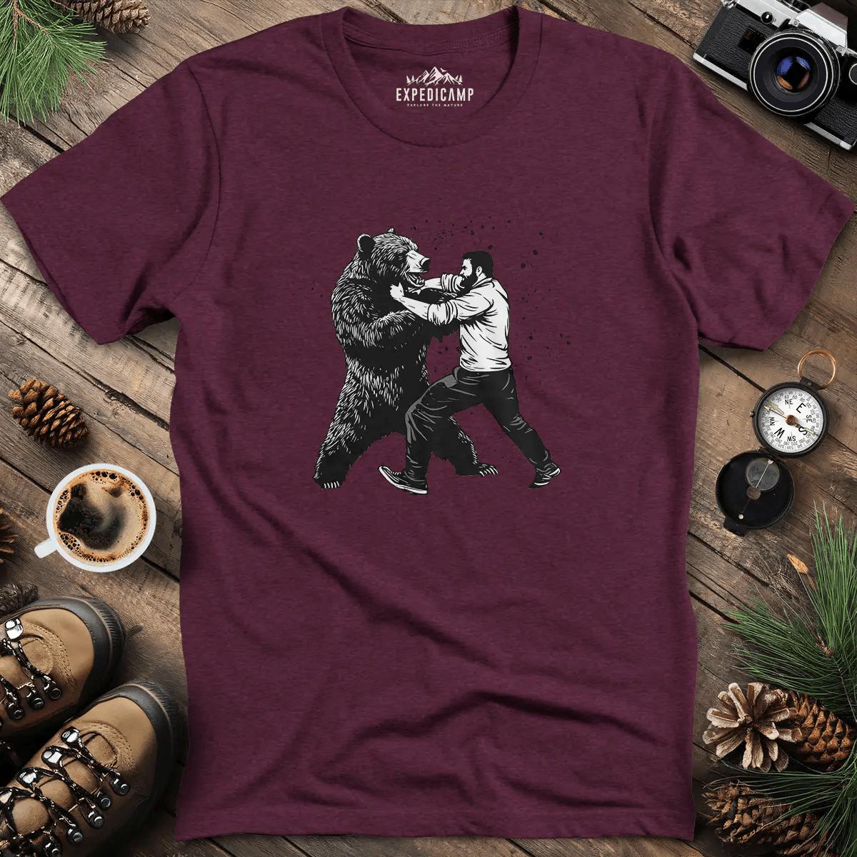 Man vs Bear T-Shirt – Heather Maroon – Outdoor apparel for travel, hiking, camping, and nature lovers – ExpediCamp
