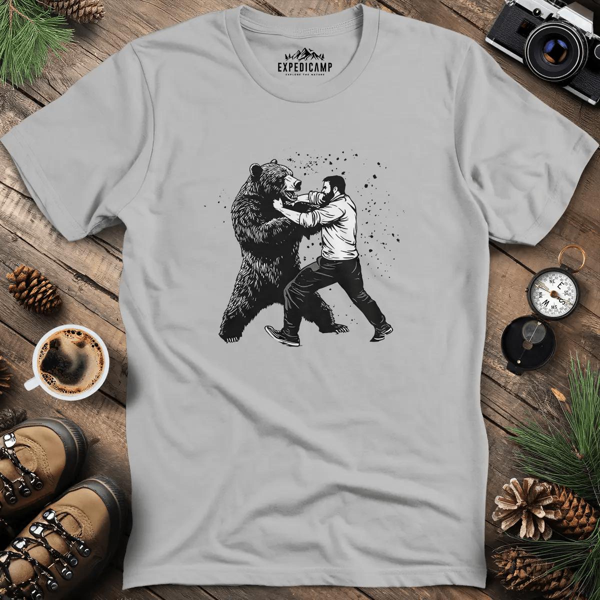Man vs Bear T-Shirt – Ice Grey – Outdoor apparel for travel, hiking, camping, and nature lovers – ExpediCamp