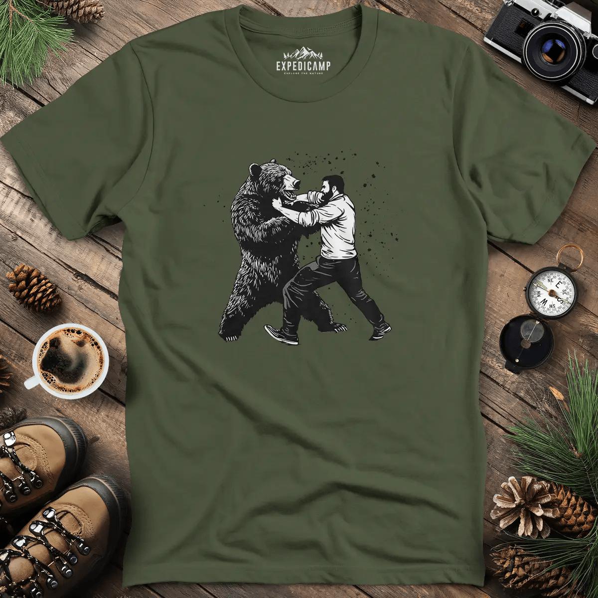 Man vs Bear T-Shirt – Military Green – Outdoor apparel for travel, hiking, camping, and nature lovers – ExpediCamp