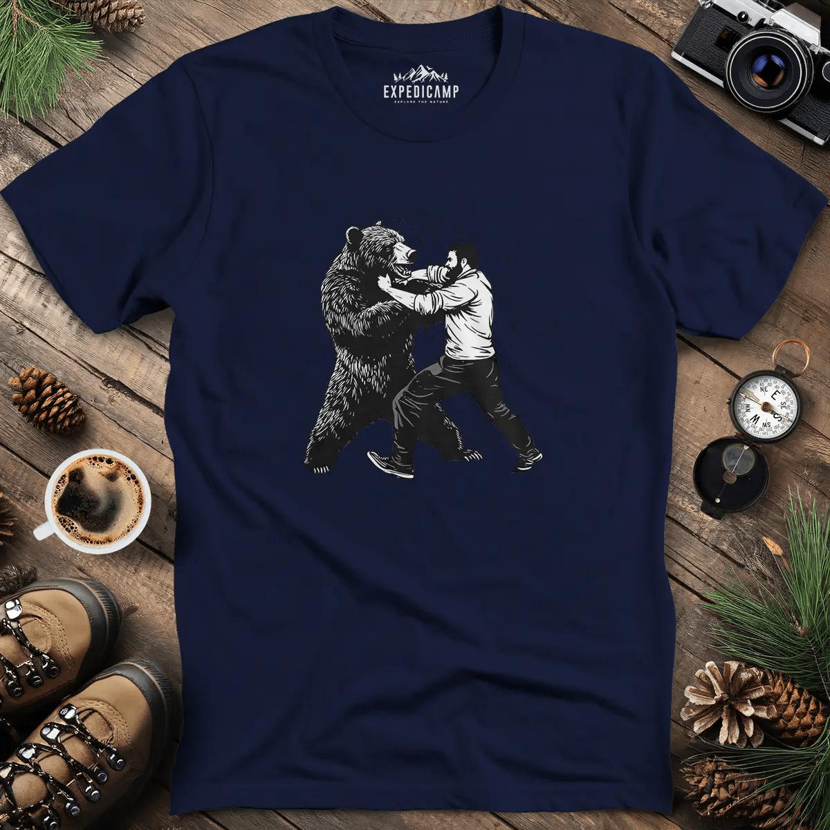 Man vs Bear T-Shirt – Navy – Outdoor apparel for travel, hiking, camping, and nature lovers – ExpediCamp