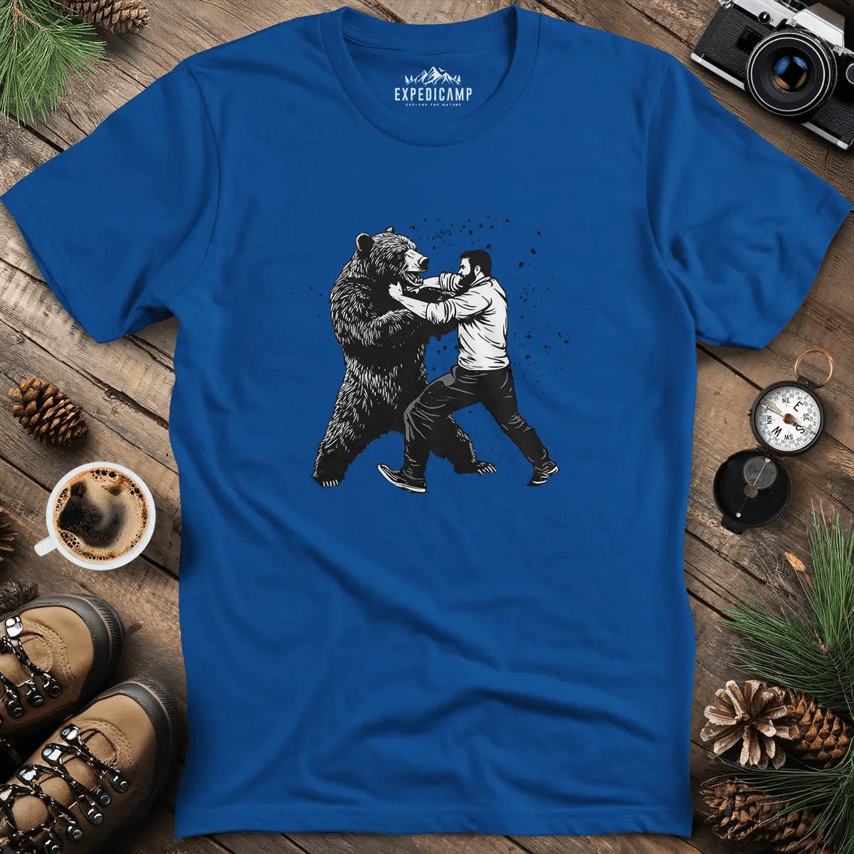 Man vs Bear T-Shirt – Royal – Outdoor apparel for travel, hiking, camping, and nature lovers – ExpediCamp