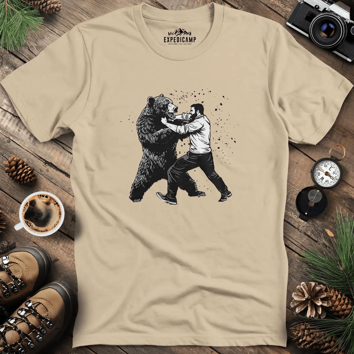 Man vs Bear T-Shirt – Sand – Outdoor apparel for travel, hiking, camping, and nature lovers – ExpediCamp