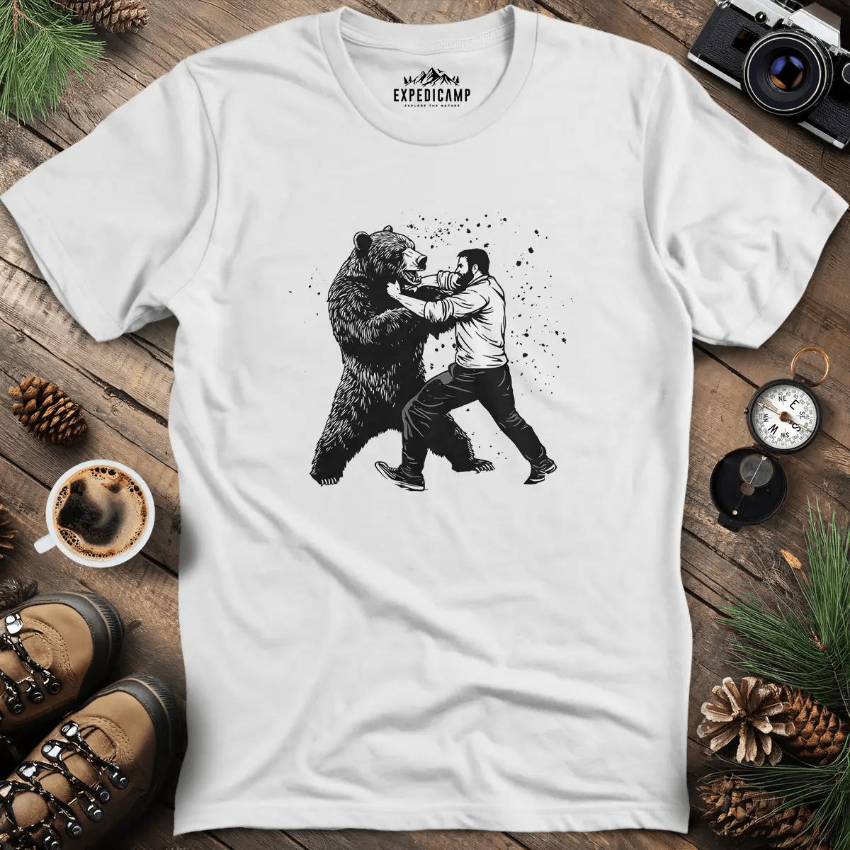 Man vs Bear T-Shirt – White – Outdoor apparel for travel, hiking, camping, and nature lovers – ExpediCamp