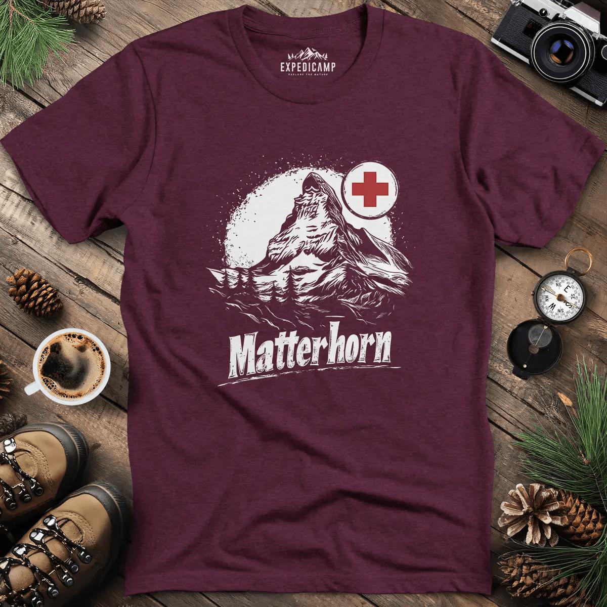 Matterhorn Switzerland Mountain Adventure T-Shirt – Heather Maroon – Outdoor apparel for travel, hiking, camping, and nature lovers – ExpediCamp