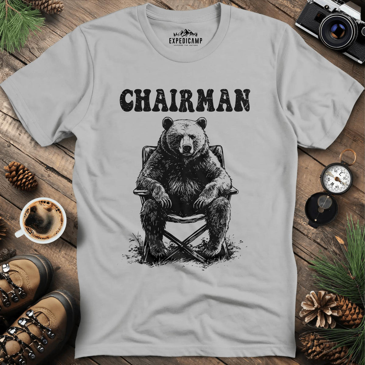 Minimalist Bear Silhouette Chairman T-Shirt – Ice Grey – Outdoor apparel for travel, hiking, camping, and nature lovers – ExpediCamp