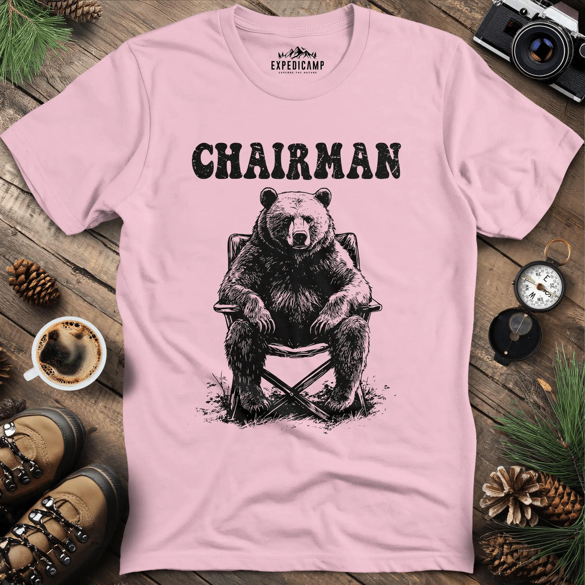 Minimalist Bear Silhouette Chairman T-Shirt – Light Pink – Outdoor apparel for travel, hiking, camping, and nature lovers – ExpediCamp
