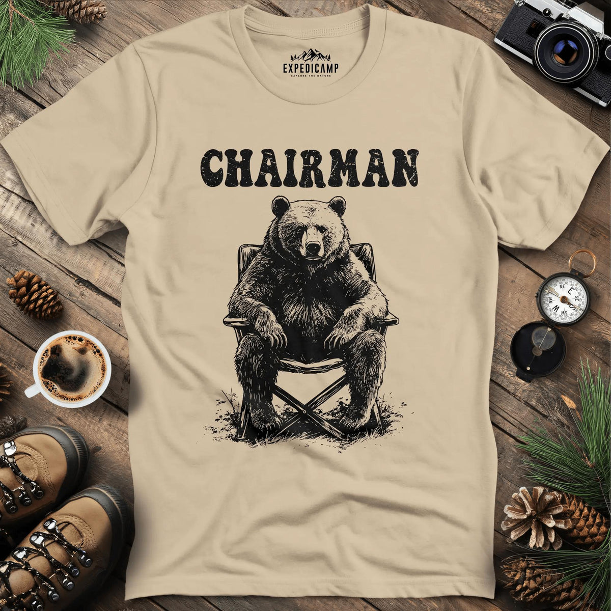 Minimalist Bear Silhouette Chairman T-Shirt – Sand – Outdoor apparel for travel, hiking, camping, and nature lovers – ExpediCamp