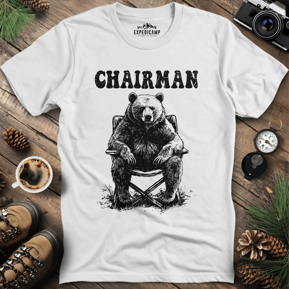 Minimalist Bear Silhouette Chairman T-Shirt – White – Outdoor apparel for travel, hiking, camping, and nature lovers – ExpediCamp