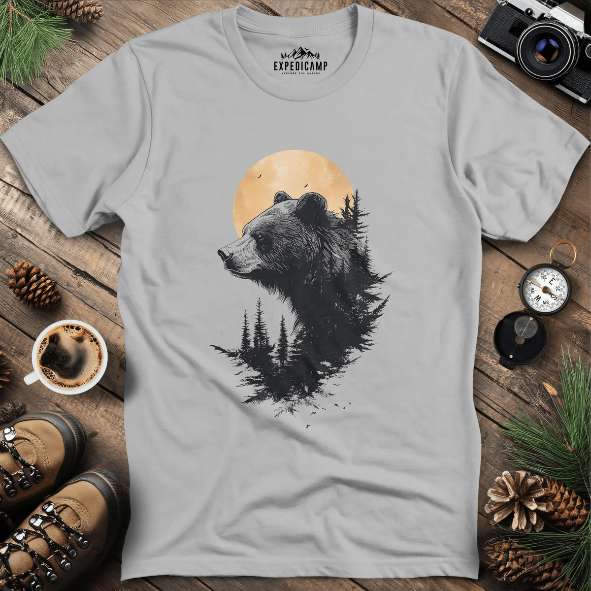 Moonlit Bear T-Shirt – Mystical Wilderness Design – Ice Grey – Outdoor apparel for travel, hiking, camping, and nature lovers – ExpediCamp