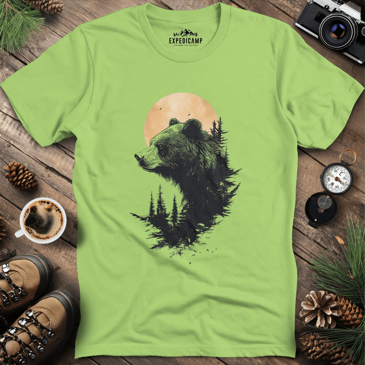Moonlit Bear T-Shirt – Mystical Wilderness Design – Kiwi – Outdoor apparel for travel, hiking, camping, and nature lovers – ExpediCamp