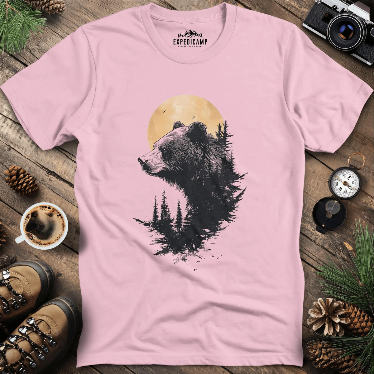 Moonlit Bear T-Shirt – Mystical Wilderness Design – Light Pink – Outdoor apparel for travel, hiking, camping, and nature lovers – ExpediCamp