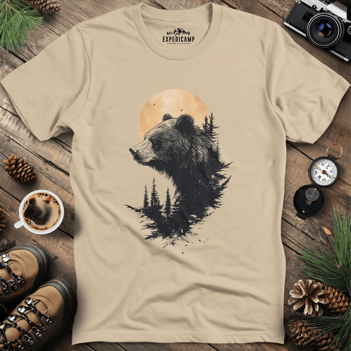 Moonlit Bear T-Shirt – Mystical Wilderness Design – Sand – Outdoor apparel for travel, hiking, camping, and nature lovers – ExpediCamp