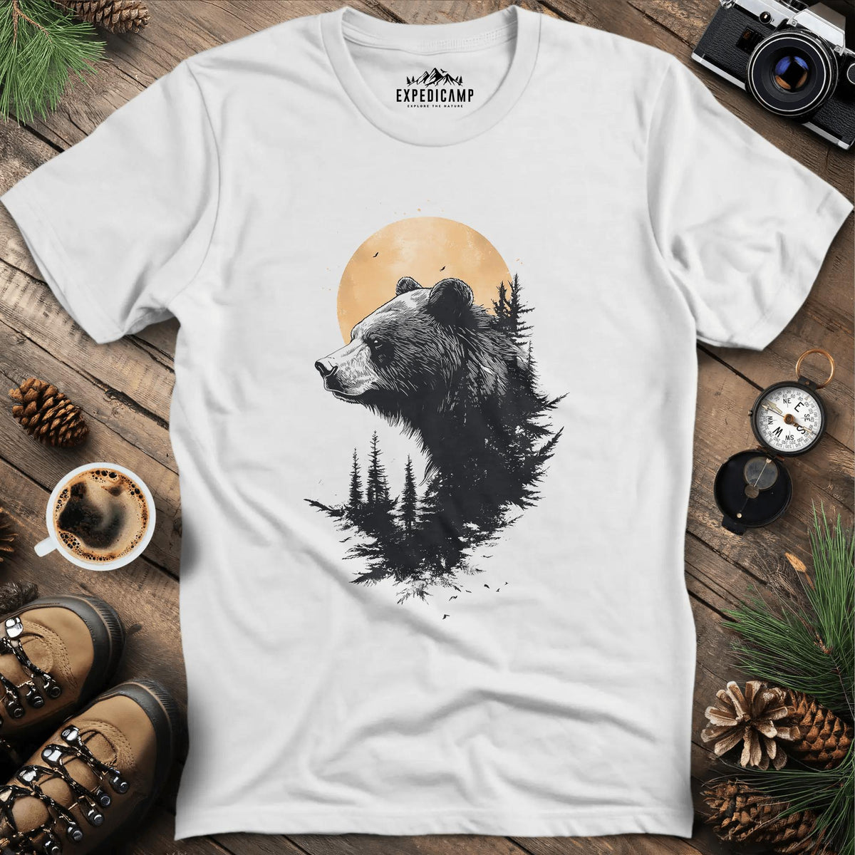 Moonlit Bear T-Shirt – Mystical Wilderness Design – White – Outdoor apparel for travel, hiking, camping, and nature lovers – ExpediCamp