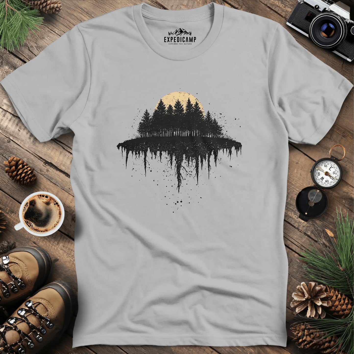 Moonlit Forest T-Shirt with Dripping Design – Ice Grey – Outdoor apparel for travel, hiking, camping, and nature lovers – ExpediCamp